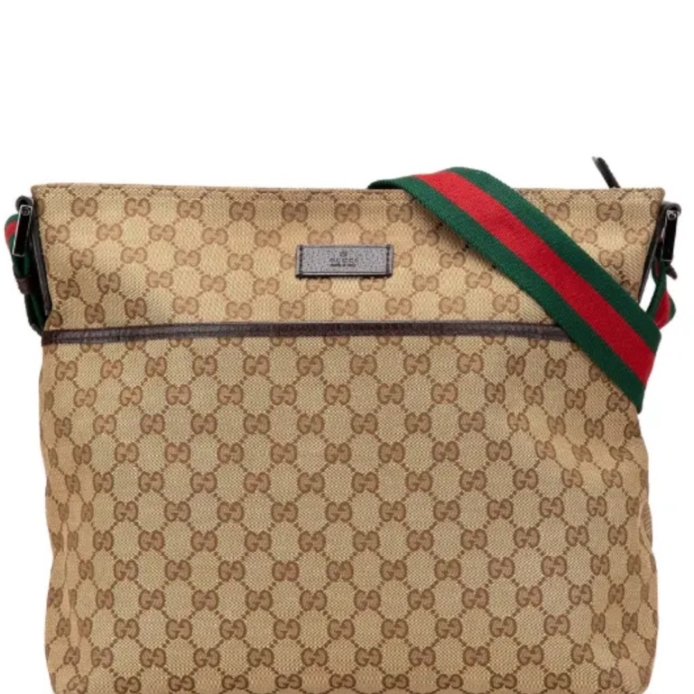 Gucci Tan Messenger Bag with Green and Red Strap